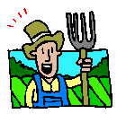 Drawing of a farmer who is standing in a green field, wearing overalls and a hat, holding a pitchfork, and greeting you.