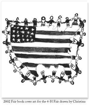 pencil drawing of children around and American flag