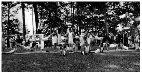 exercise demonstration, pyramid of boys, 1924